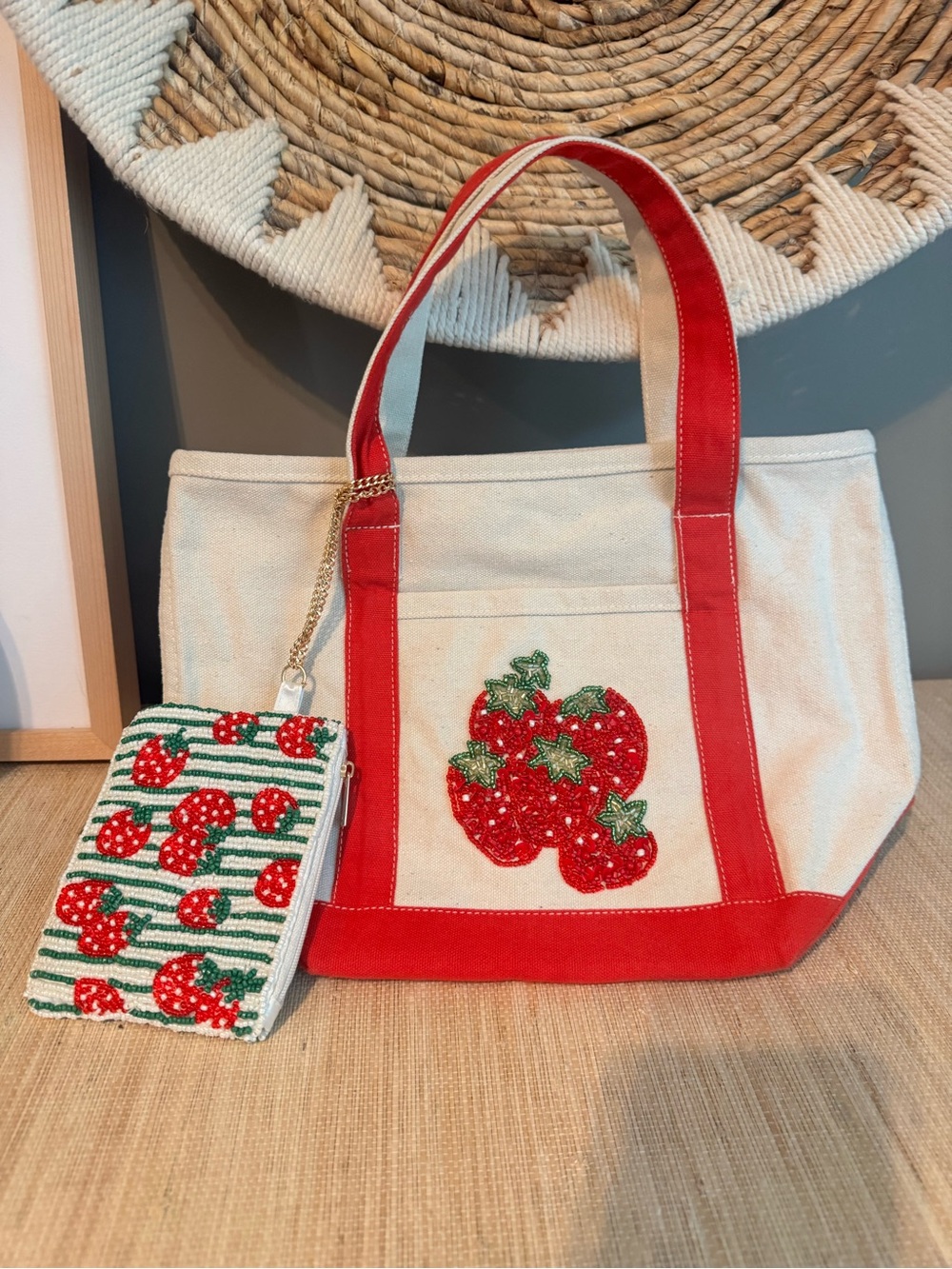 NWT Viral Beaded Strawberry Red White Canvas Mini Tote Bag & Pouch Set